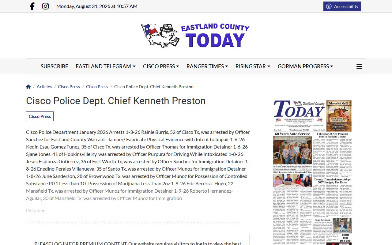 Cisco Police monthly report on Eastland County Today, a Cisco arrest-context source