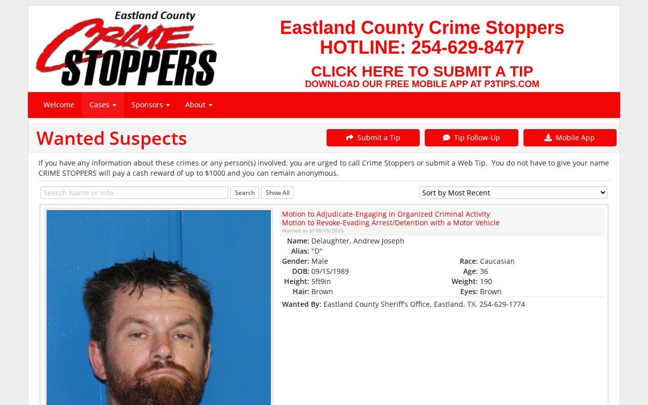Screenshot of the Eastland County Crime Stoppers wanted-person page.