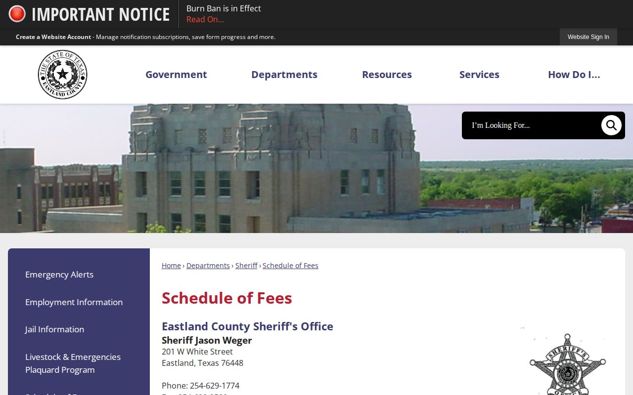 Eastland County booking record fee schedule source