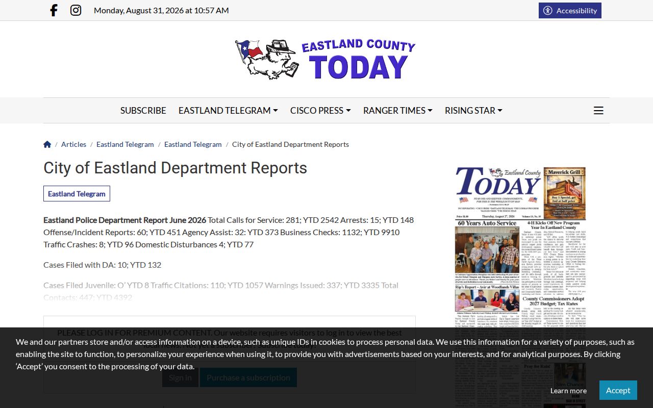 Eastland Police report on Eastland County Today, an Eastland monthly activity source
