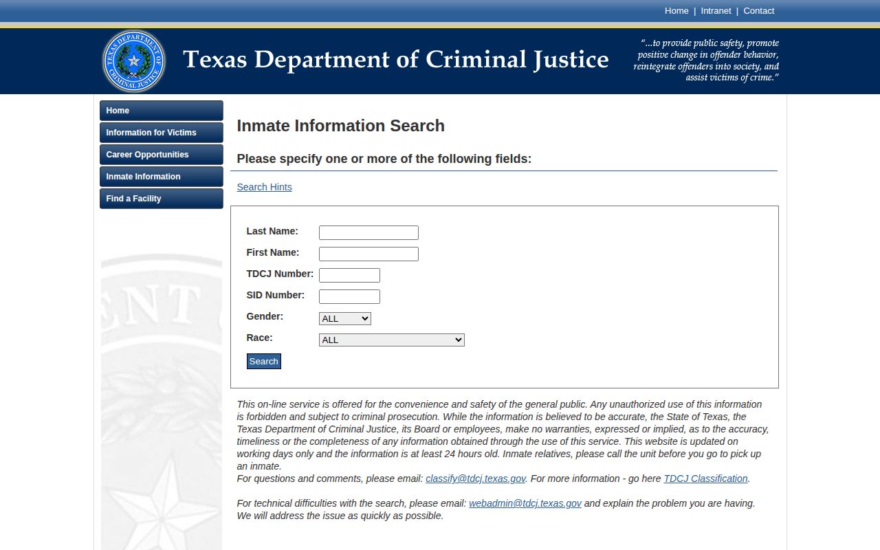 Eastland County state custody record route through the TDCJ inmate search