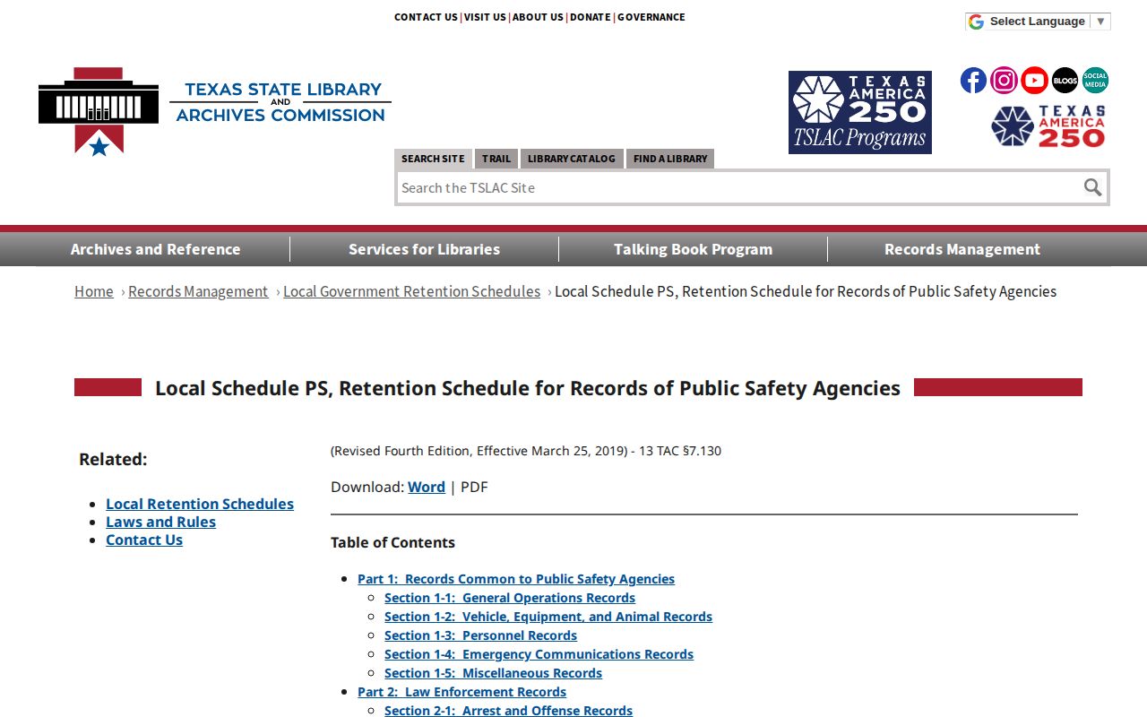 Eastland County booking record retention source from Texas Local Schedule PS