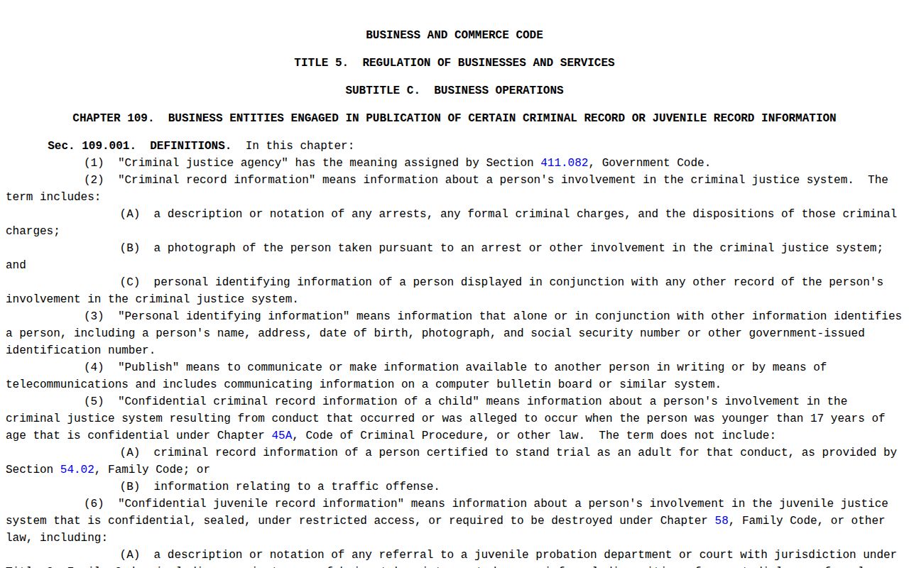 Eastland County booking-record law source for Texas Chapter 109